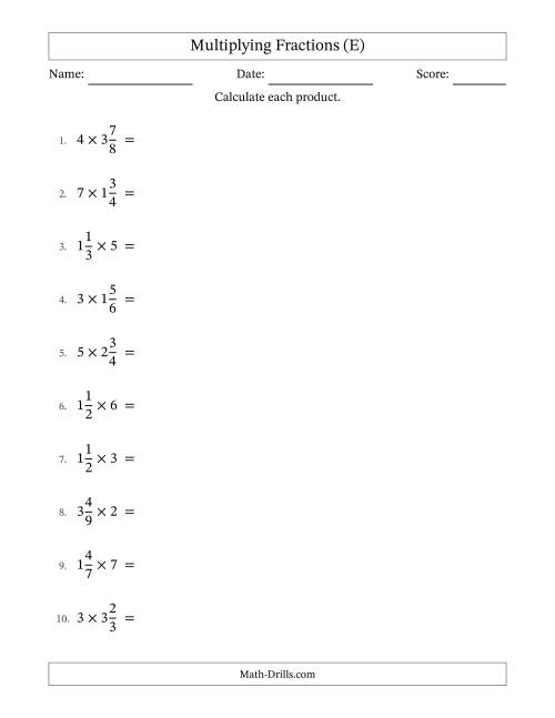 The Multiplying Mixed Fractions and Whole Numbers with Some Simplifying (E) Math Worksheet