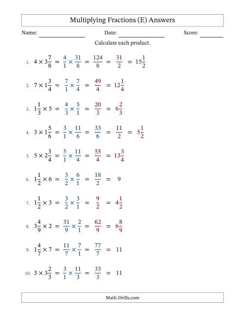 The Multiplying Mixed Fractions and Whole Numbers with Some Simplifying (E) Math Worksheet Page 2
