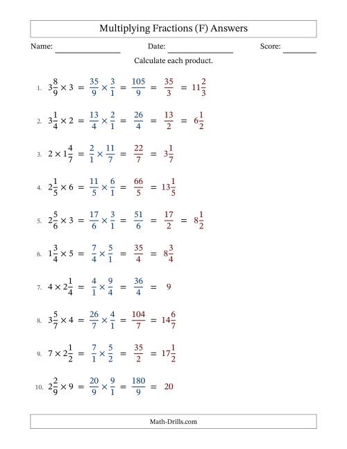 The Multiplying Mixed Fractions and Whole Numbers with Some Simplifying (F) Math Worksheet Page 2