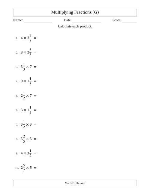 The Multiplying Mixed Fractions and Whole Numbers with Some Simplifying (G) Math Worksheet