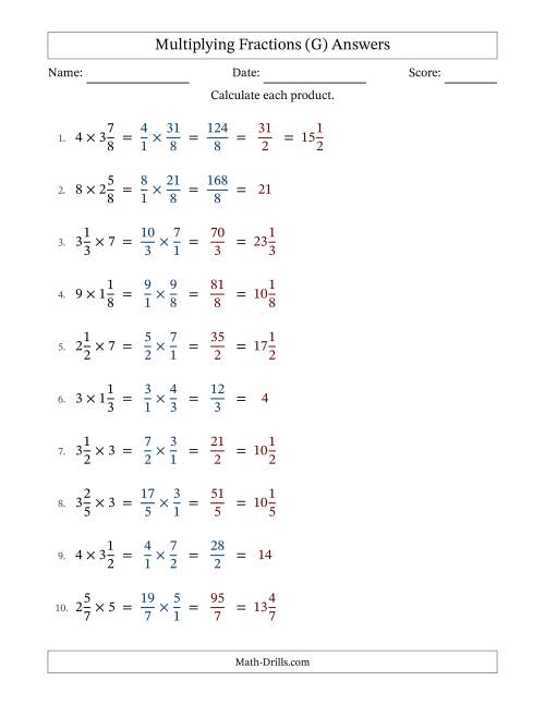 The Multiplying Mixed Fractions and Whole Numbers with Some Simplifying (G) Math Worksheet Page 2