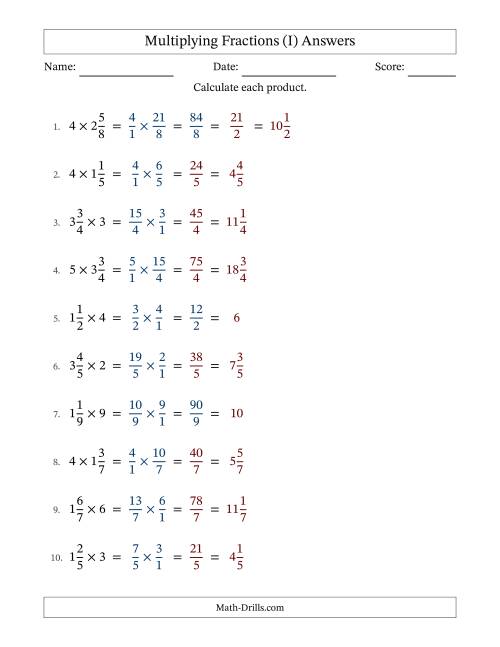 The Multiplying Mixed Fractions and Whole Numbers with Some Simplifying (I) Math Worksheet Page 2