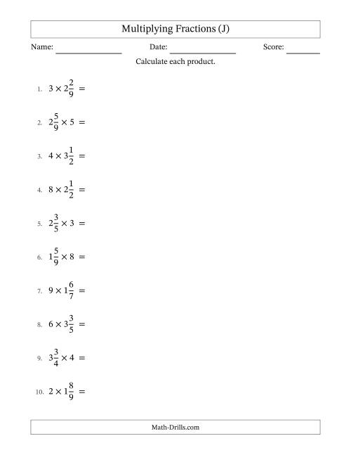 The Multiplying Mixed Fractions and Whole Numbers with Some Simplifying (J) Math Worksheet