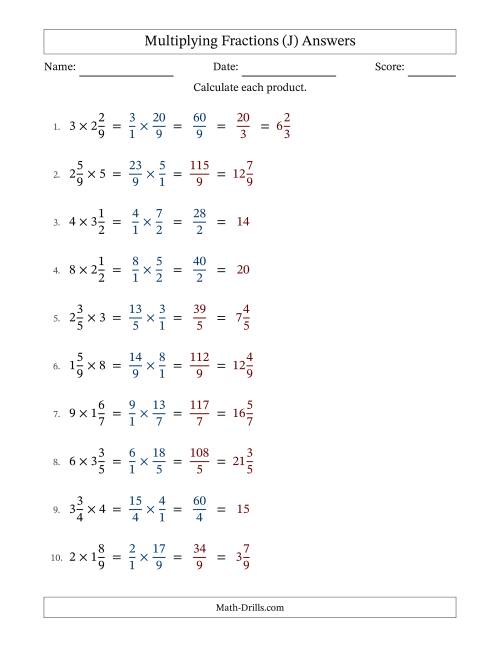 The Multiplying Mixed Fractions and Whole Numbers with Some Simplifying (J) Math Worksheet Page 2