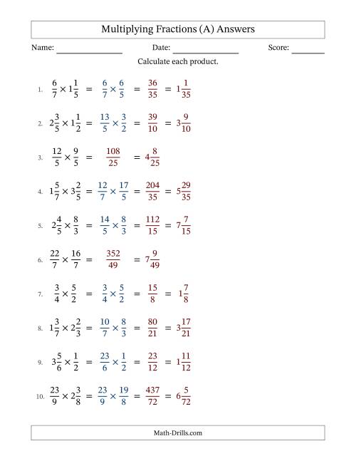 The Multiplying Proper, Improper and Mixed Fractions with No Simplifying (A) Math Worksheet Page 2