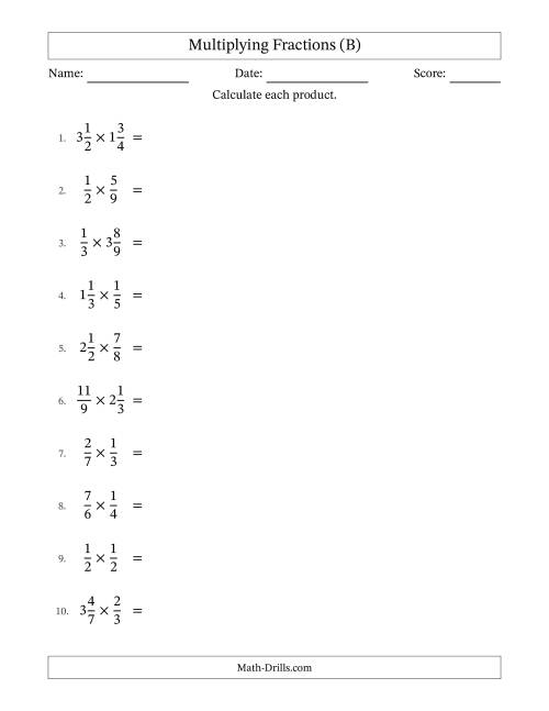 The Multiplying Proper, Improper and Mixed Fractions with No Simplification (B) Math Worksheet