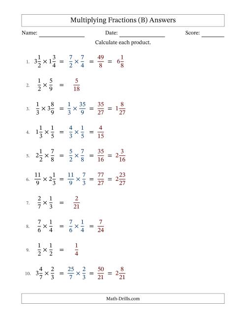 The Multiplying Proper, Improper and Mixed Fractions with No Simplification (B) Math Worksheet Page 2