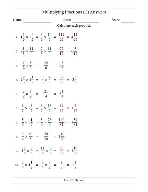 The Multiplying Proper, Improper and Mixed Fractions with No Simplification (C) Math Worksheet Page 2