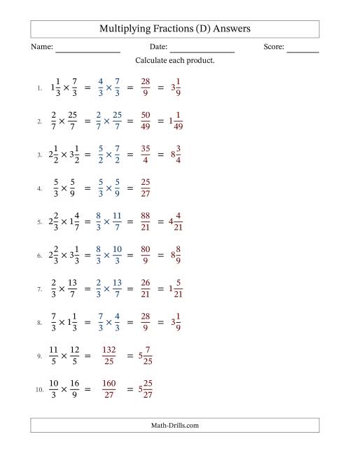 The Multiplying Proper, Improper and Mixed Fractions with No Simplification (D) Math Worksheet Page 2