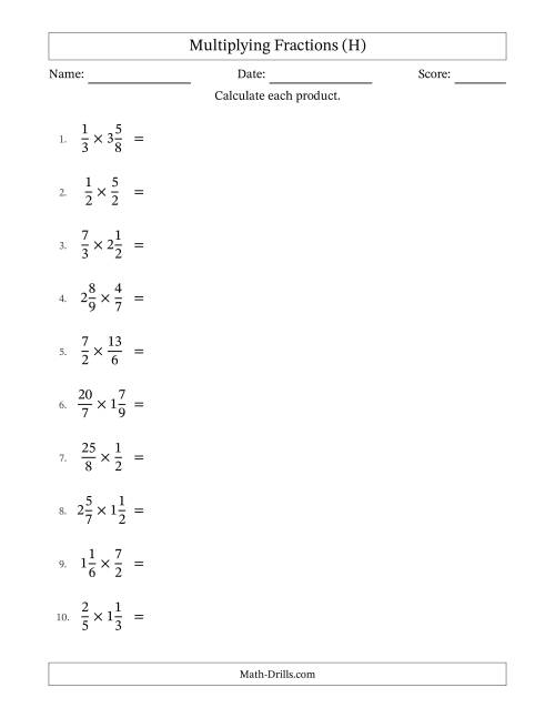 The Multiplying Proper, Improper and Mixed Fractions with No Simplification (H) Math Worksheet