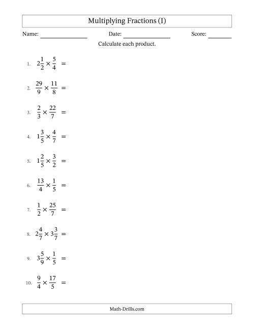The Multiplying Proper, Improper and Mixed Fractions with No Simplification (I) Math Worksheet