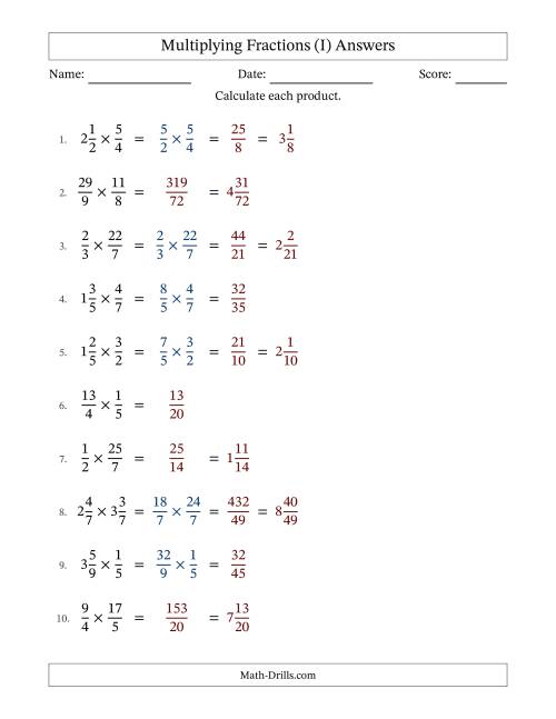 The Multiplying Proper, Improper and Mixed Fractions with No Simplification (I) Math Worksheet Page 2
