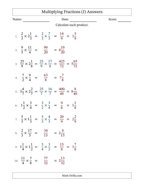 The Multiplying Proper, Improper and Mixed Fractions with No Simplification (J) Math Worksheet Page 2