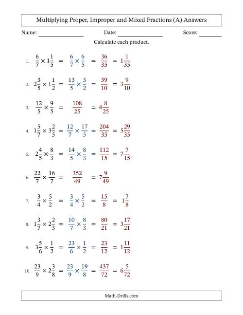 The Multiplying Proper, Improper and Mixed Fractions with No Simplifying (All) Math Worksheet Page 2