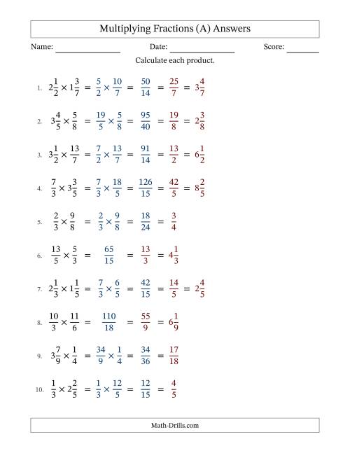 The Multiplying Proper, Improper and Mixed Fractions with All Simplifying (A) Math Worksheet Page 2