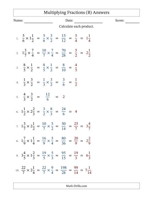 The Multiplying Proper, Improper and Mixed Fractions with All Simplification (B) Math Worksheet Page 2
