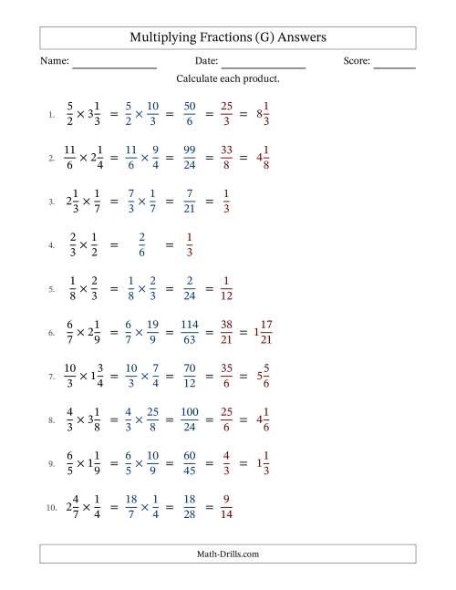 The Multiplying Proper, Improper and Mixed Fractions with All Simplification (G) Math Worksheet Page 2