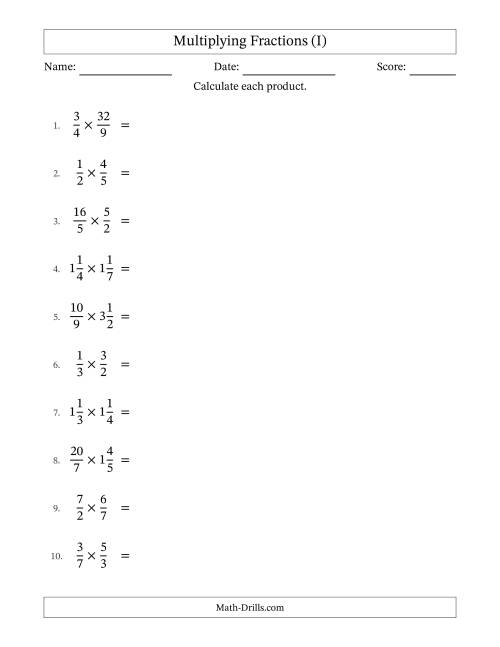 The Multiplying Proper, Improper and Mixed Fractions with All Simplification (I) Math Worksheet