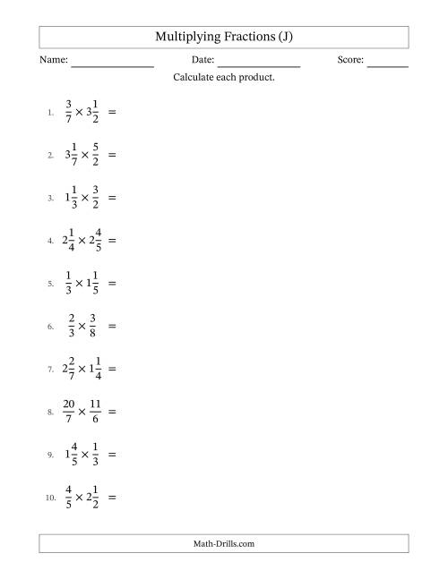 The Multiplying Proper, Improper and Mixed Fractions with All Simplification (J) Math Worksheet