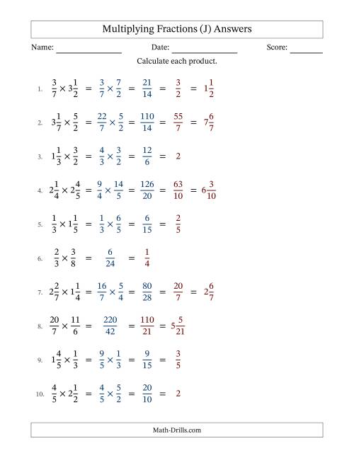 The Multiplying Proper, Improper and Mixed Fractions with All Simplification (J) Math Worksheet Page 2