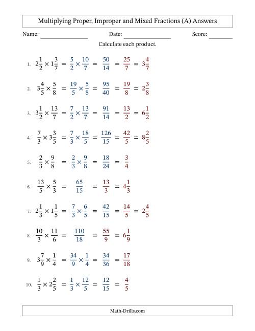 The Multiplying Proper, Improper and Mixed Fractions with All Simplifying (All) Math Worksheet Page 2
