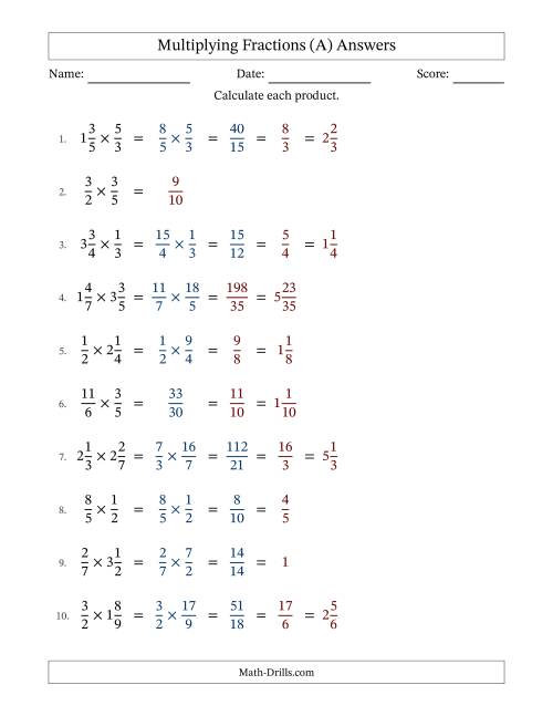 The Multiplying Proper, Improper and Mixed Fractions with Some Simplifying (A) Math Worksheet Page 2