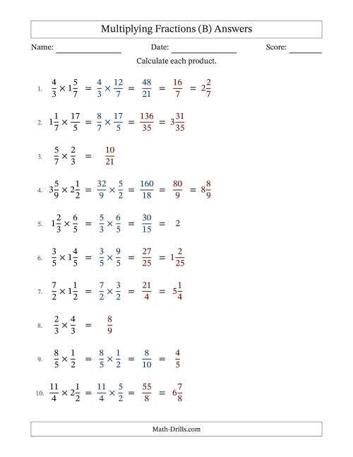 The Multiplying Proper, Improper and Mixed Fractions with Some Simplification (B) Math Worksheet Page 2