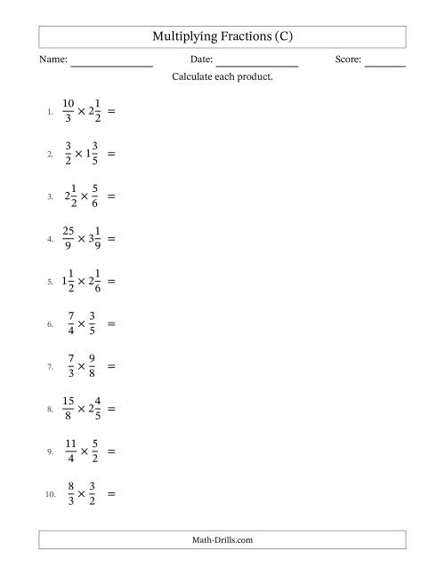 The Multiplying Proper, Improper and Mixed Fractions with Some Simplification (C) Math Worksheet