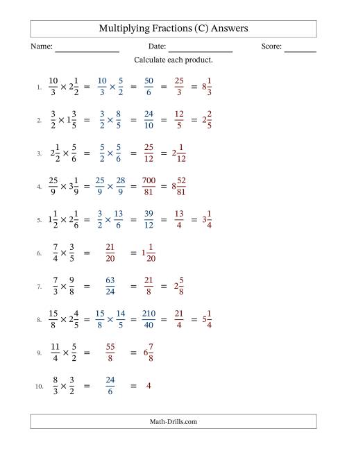 The Multiplying Proper, Improper and Mixed Fractions with Some Simplification (C) Math Worksheet Page 2