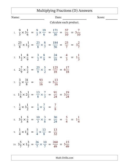 The Multiplying Proper, Improper and Mixed Fractions with Some Simplification (D) Math Worksheet Page 2
