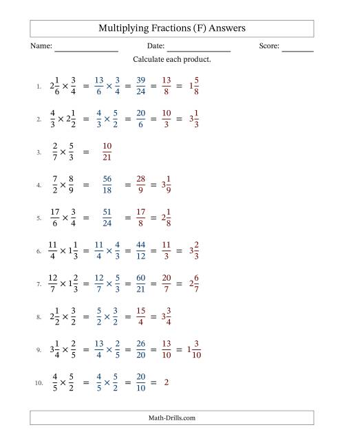 The Multiplying Proper, Improper and Mixed Fractions with Some Simplification (F) Math Worksheet Page 2