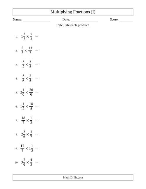 The Multiplying Proper, Improper and Mixed Fractions with Some Simplification (I) Math Worksheet