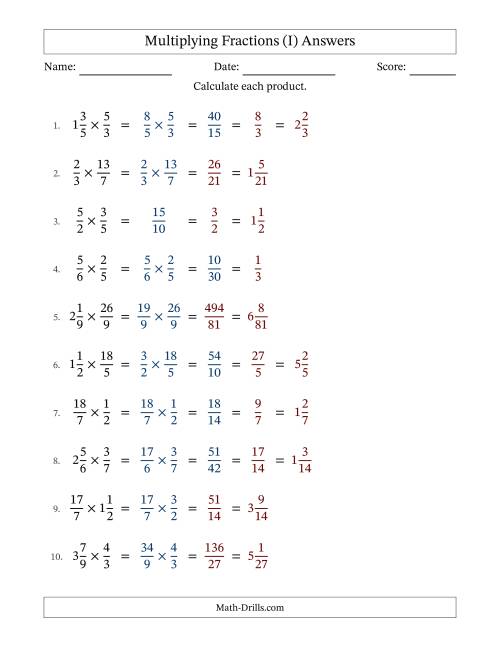 The Multiplying Proper, Improper and Mixed Fractions with Some Simplification (I) Math Worksheet Page 2