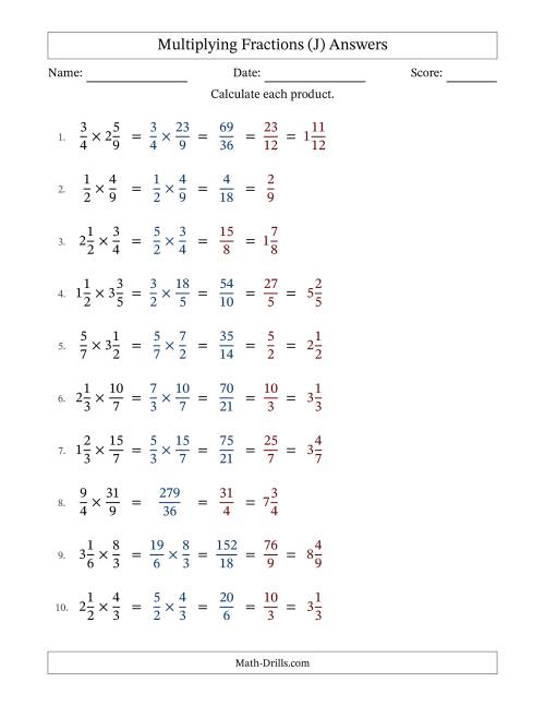 The Multiplying Proper, Improper and Mixed Fractions with Some Simplification (J) Math Worksheet Page 2