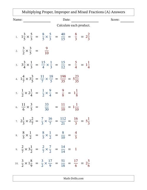 The Multiplying Proper, Improper and Mixed Fractions with Some Simplifying (All) Math Worksheet Page 2