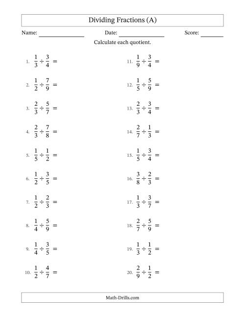 The Dividing Two Proper Fractions with No Simplifying (A) Math Worksheet