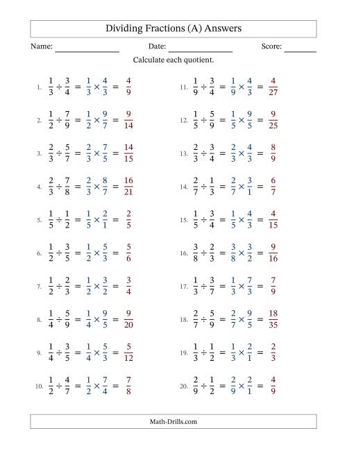 The Dividing Two Proper Fractions with No Simplification (A) Math Worksheet Page 2