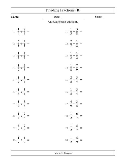 The Dividing Two Proper Fractions with No Simplification (B) Math Worksheet
