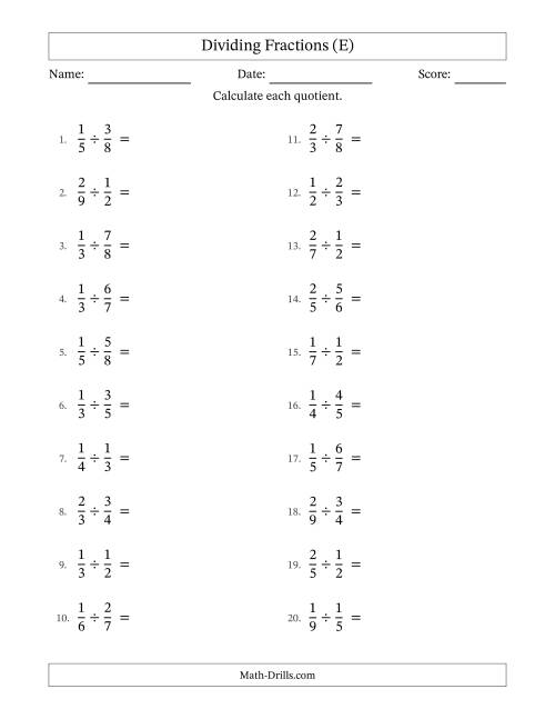 The Dividing Two Proper Fractions with No Simplification (E) Math Worksheet
