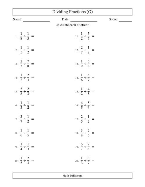 The Dividing Two Proper Fractions with No Simplification (G) Math Worksheet
