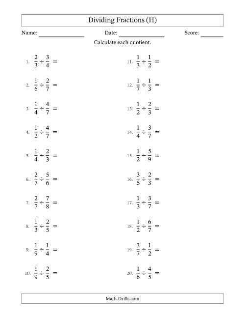 The Dividing Two Proper Fractions with No Simplification (H) Math Worksheet
