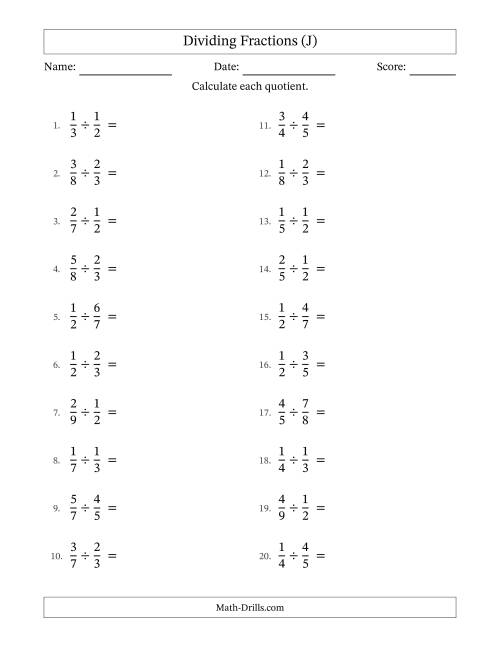 The Dividing Two Proper Fractions with No Simplification (J) Math Worksheet