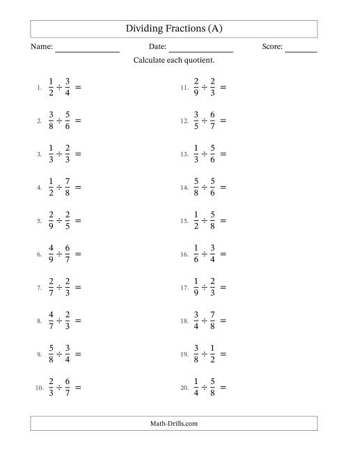 The Dividing Two Proper Fractions with All Simplifying (A) Math Worksheet
