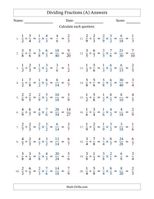 The Dividing Two Proper Fractions with All Simplification (A) Math Worksheet Page 2