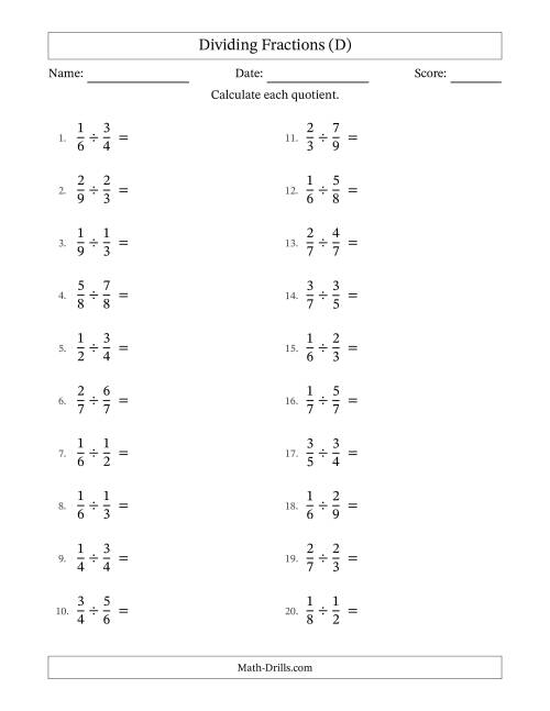 The Dividing Two Proper Fractions with All Simplification (D) Math Worksheet