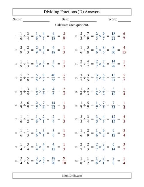 The Dividing Two Proper Fractions with All Simplification (D) Math Worksheet Page 2