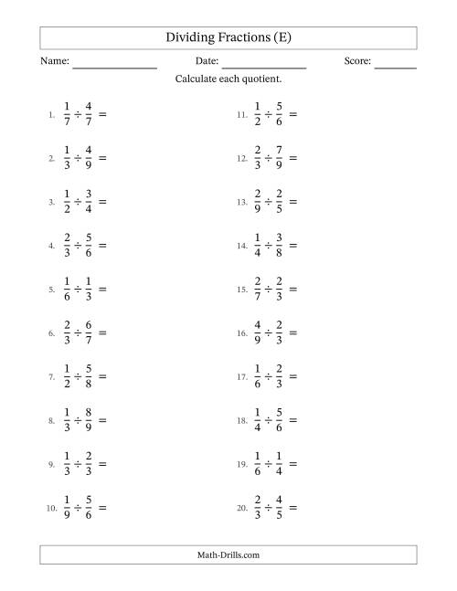 The Dividing Two Proper Fractions with All Simplification (E) Math Worksheet