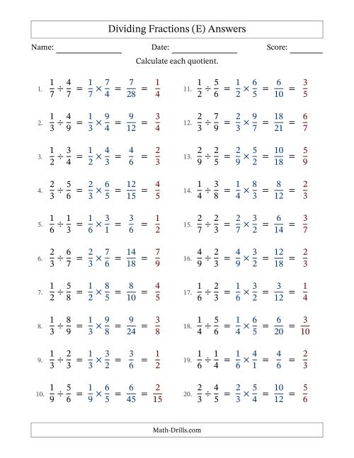 The Dividing Two Proper Fractions with All Simplification (E) Math Worksheet Page 2