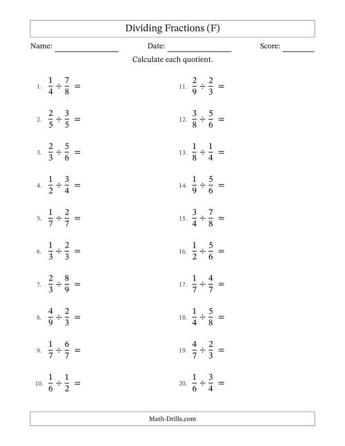 The Dividing Two Proper Fractions with All Simplification (F) Math Worksheet