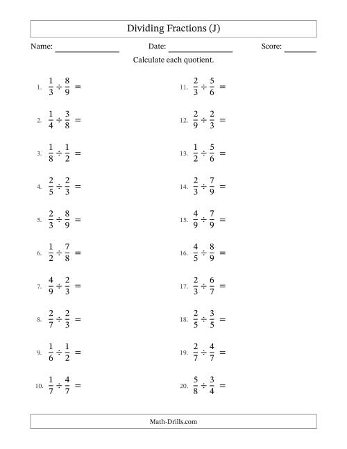 The Dividing Two Proper Fractions with All Simplification (J) Math Worksheet